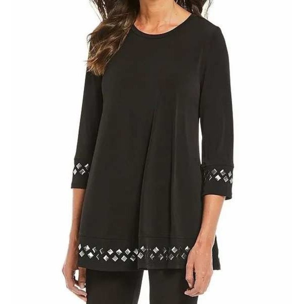 IC By Connie K Silver Tile Embellished Top Black 3/4 Sleeve Size XL